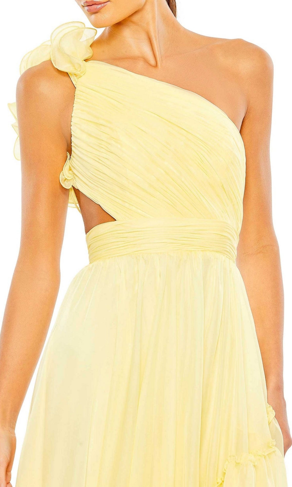 A woman wearing the Long Formal Dress 67989 by Mac Duggal, a light yellow one-shoulder gown with a ruffled strap, pleated detailing, and a fitted waist.
